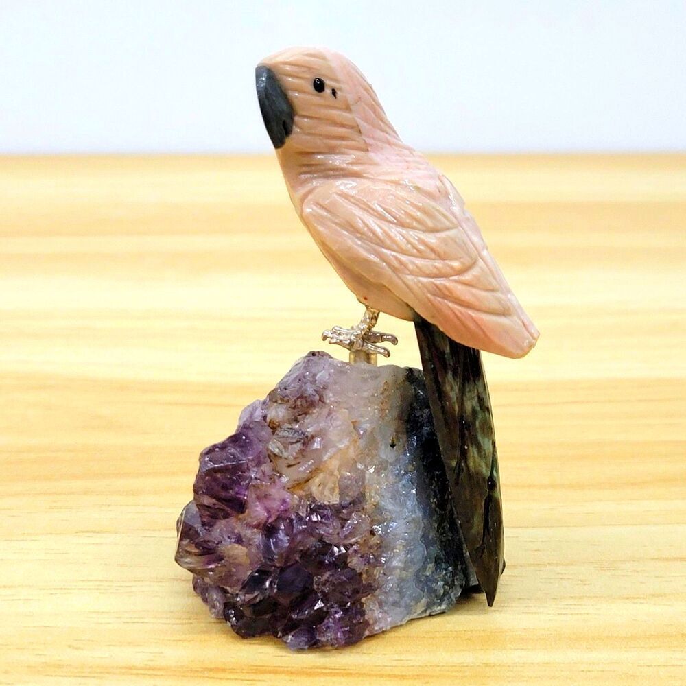 Hand-Carved Rhodonite Parrot on Amethyst – Argentina Crystal Carving